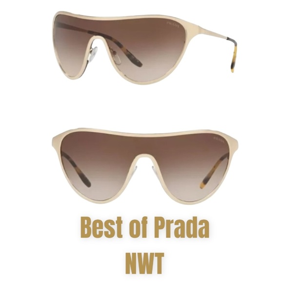 $485 Prada Shield Sunglasses Pale Gold Frame Brown Gradient Lens Made in Italy - Picture 1 of 13